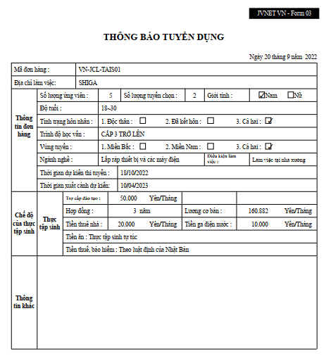 đơn hàng đi Nhật cho Nam điện tử 